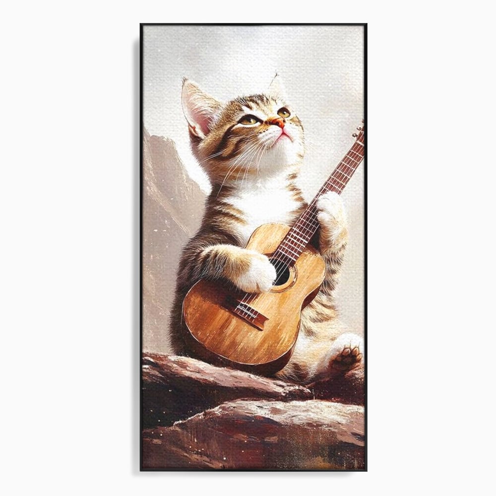 Tablou canvas cu tablou canvas cu pisica cantand la chitara, in rama de aluminiu negru
